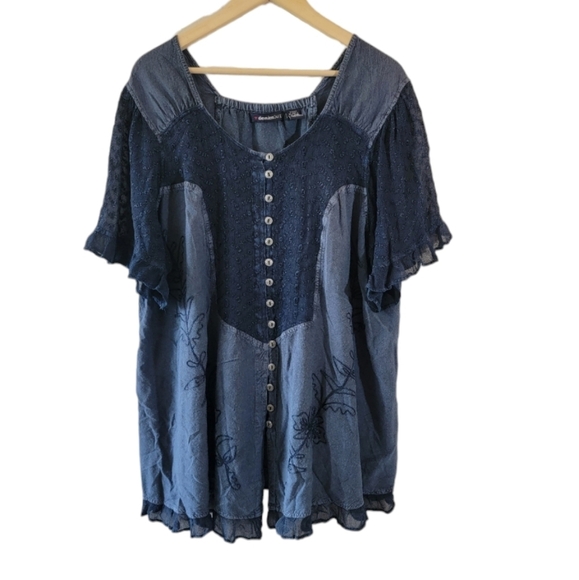 Denim 24/7 Navy Floral Embroidered Lagenlook Top Sz 26W Button Front Gauze - Picture 1 of 12